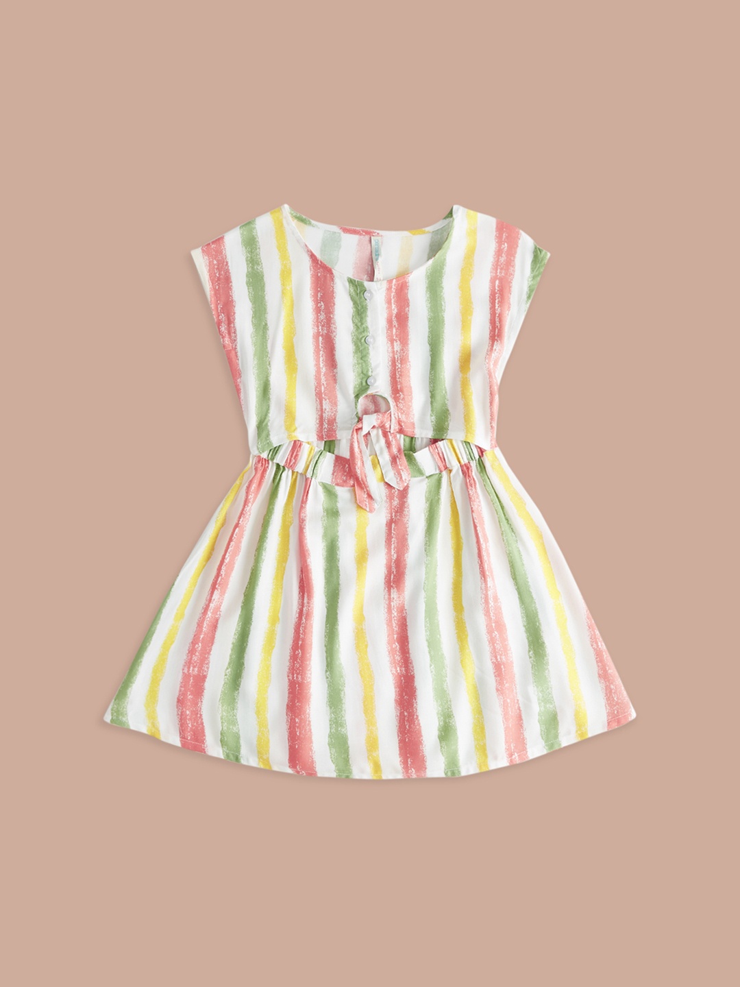 

Pantaloons Junior Round Neck Extended Sleeve Striped Cotton Dress, Cream