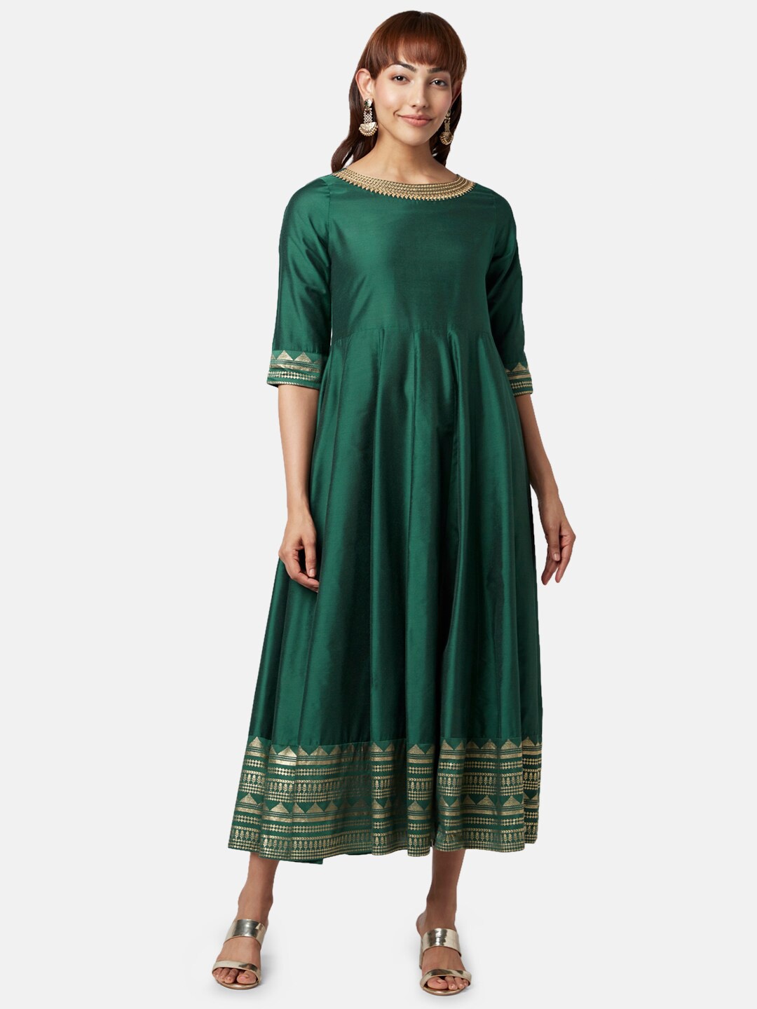 

RANGMANCH BY PANTALOONS Ethnic Printed Midi Fit & Flare Dress, Green