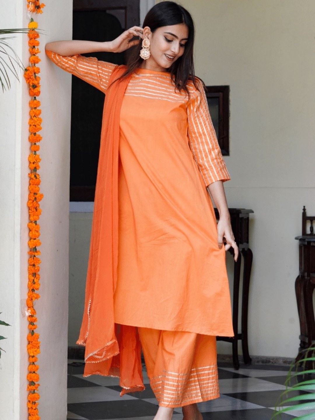 

HOUSE OF JAMOTI Gotta Patti Pure Cotton Kurta with Palazzos & With Dupatta, Orange
