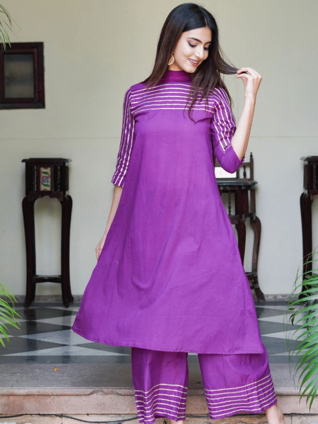 

HOUSE OF JAMOTI Gotta Patti Pure Cotton Kurta with Palazzos & With Dupatta, Purple