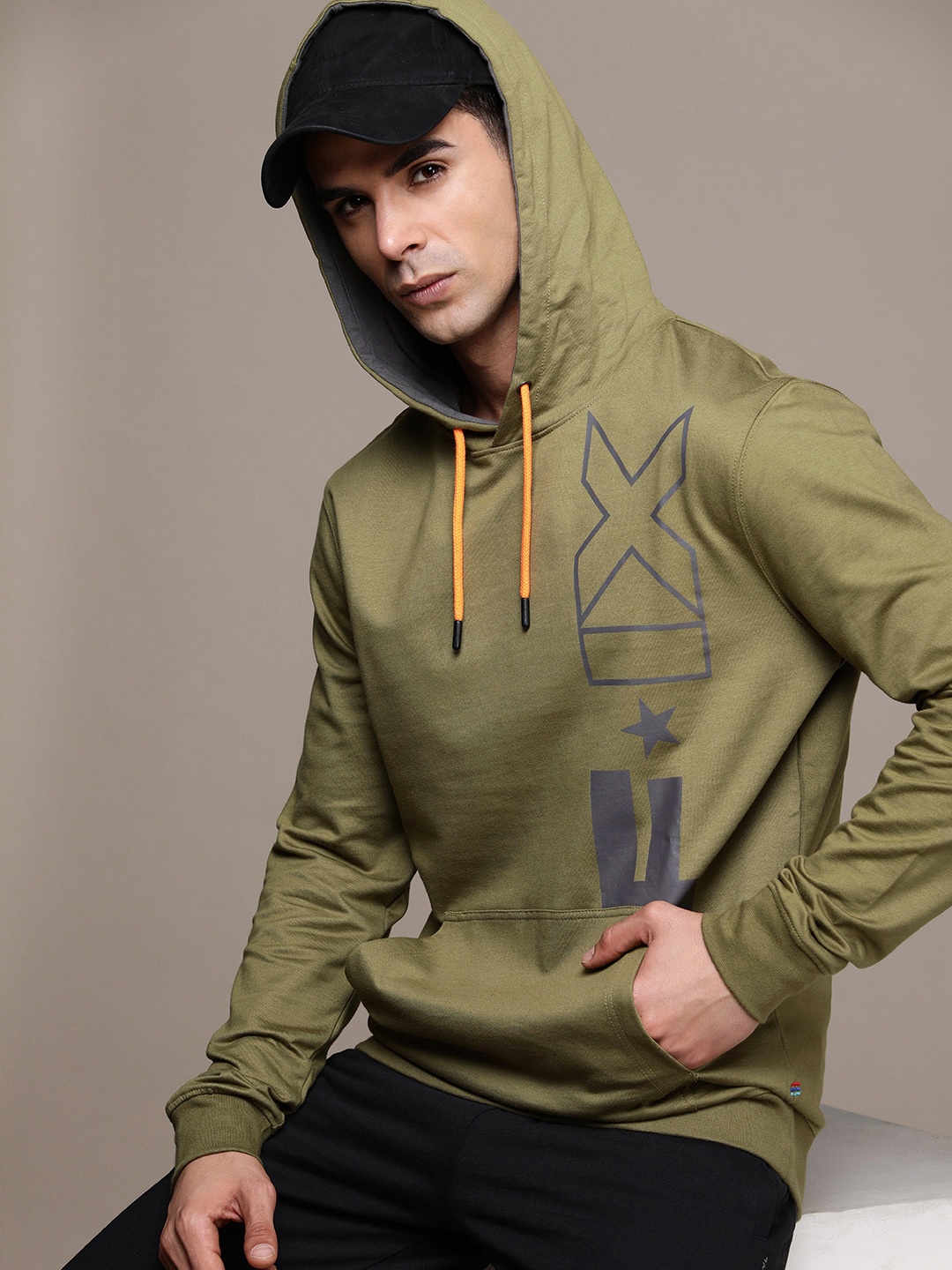 

FORCE IX Pure Cotton Brand Logo Printed Hooded Sweatshirt, Olive