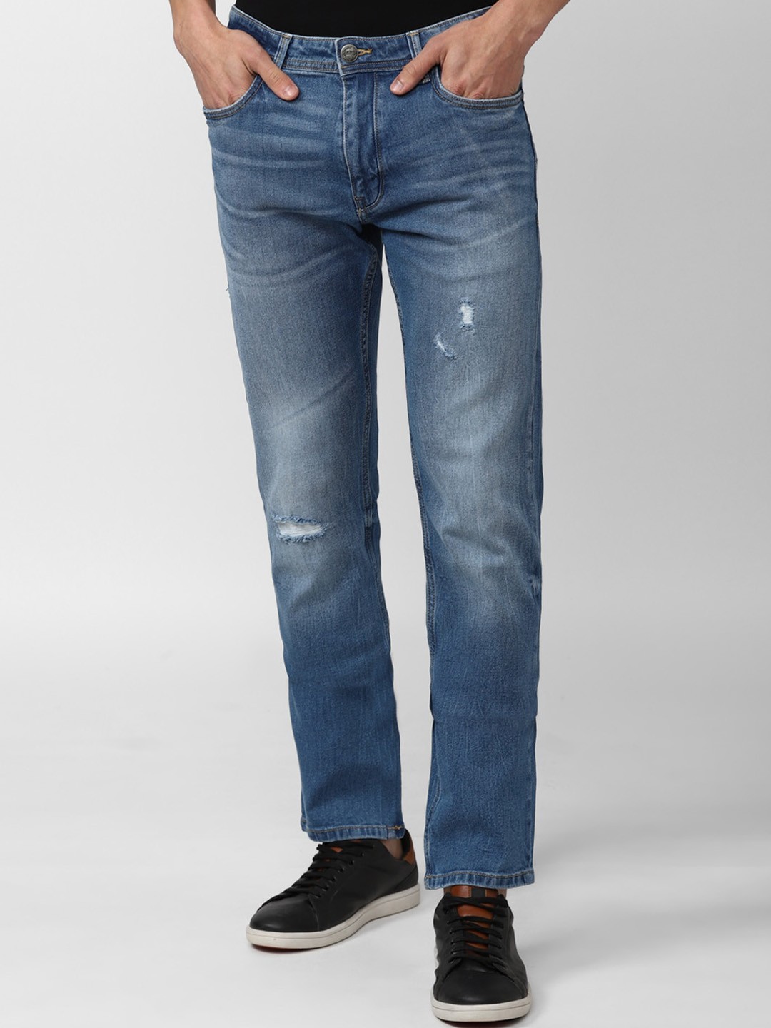 

Peter England Casuals Men Slim Fit Cotton Low Distress Light Fade Jeans, Blue