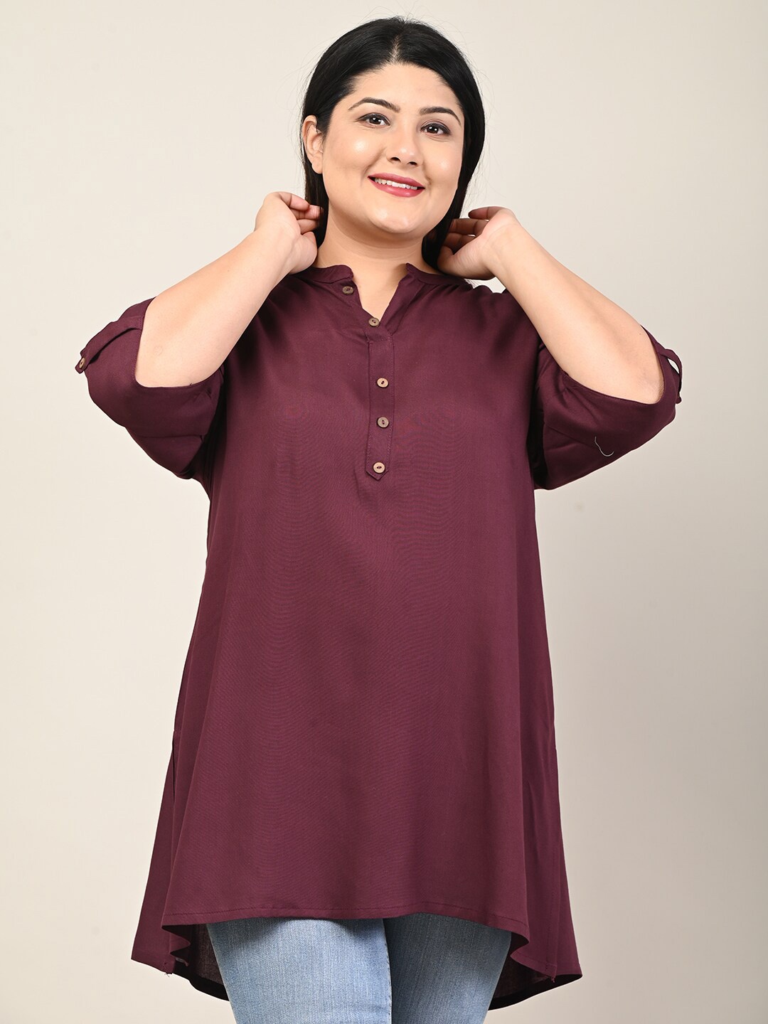 

Swasti Mandarin Collar Roll-Up Sleeves Kurti, Purple