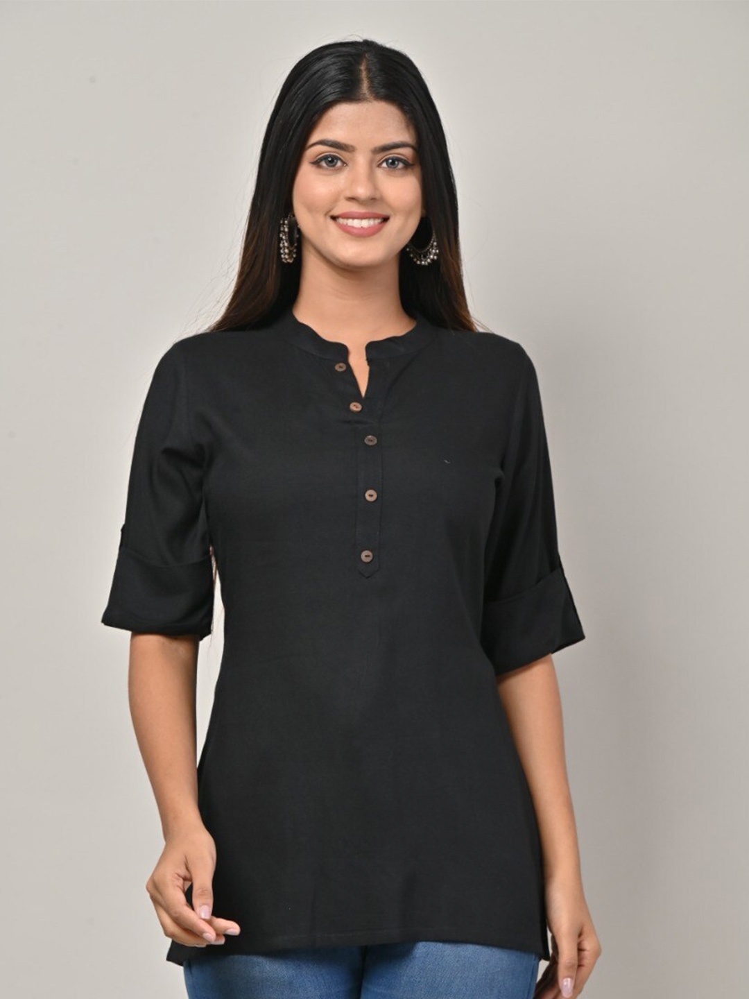 

Swasti Mandarin Collar Roll-Up Sleeves Kurti, Black