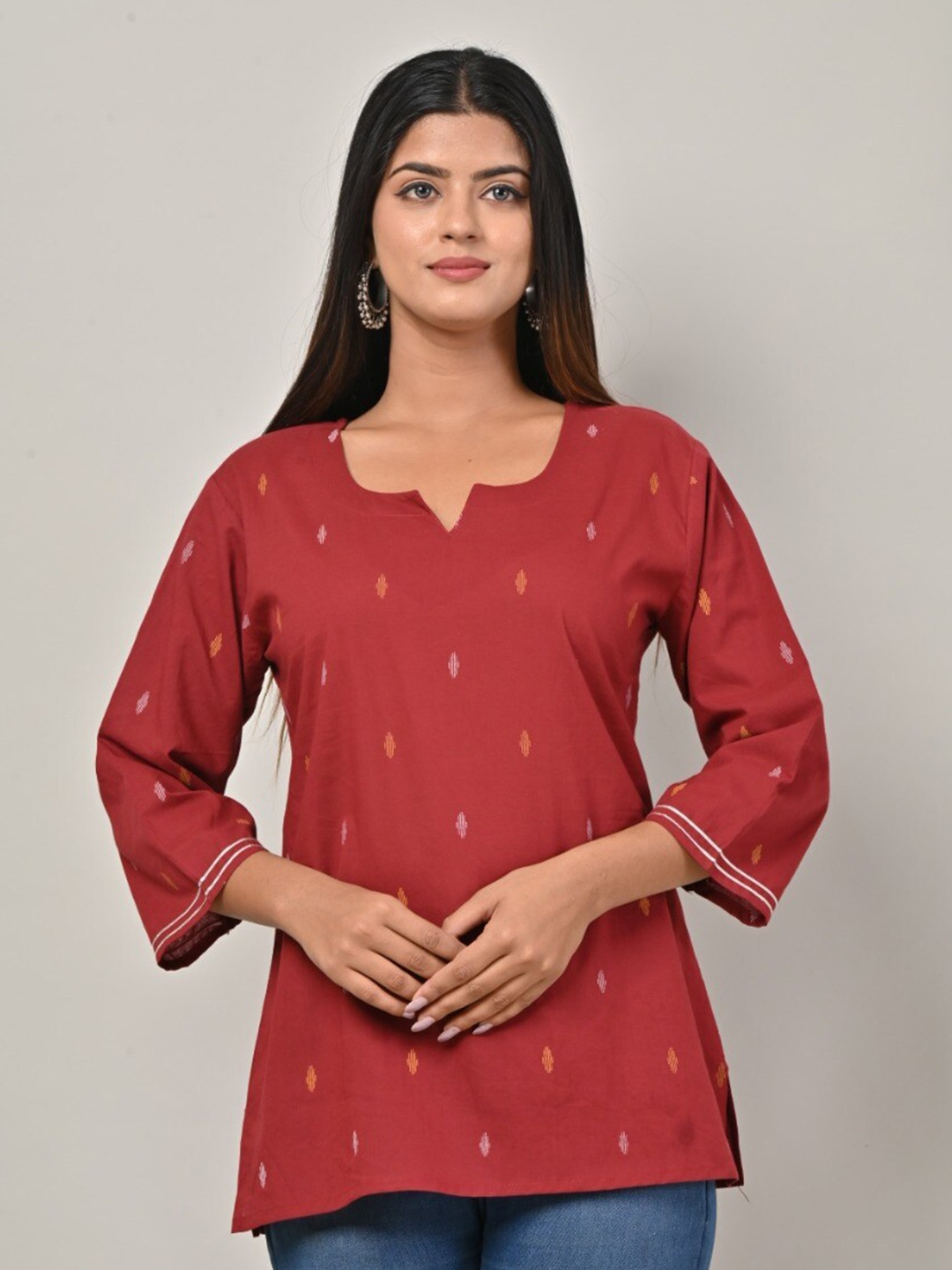 

Swasti Ethnic Motifs Printed Pure Cotton Kurti, Maroon