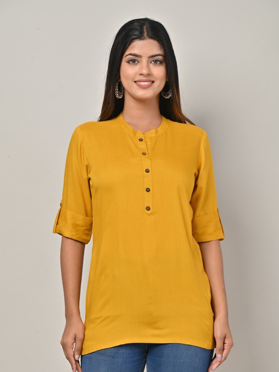 

Swasti Mandarin Collar Roll-Up Sleeves Kurti, Yellow