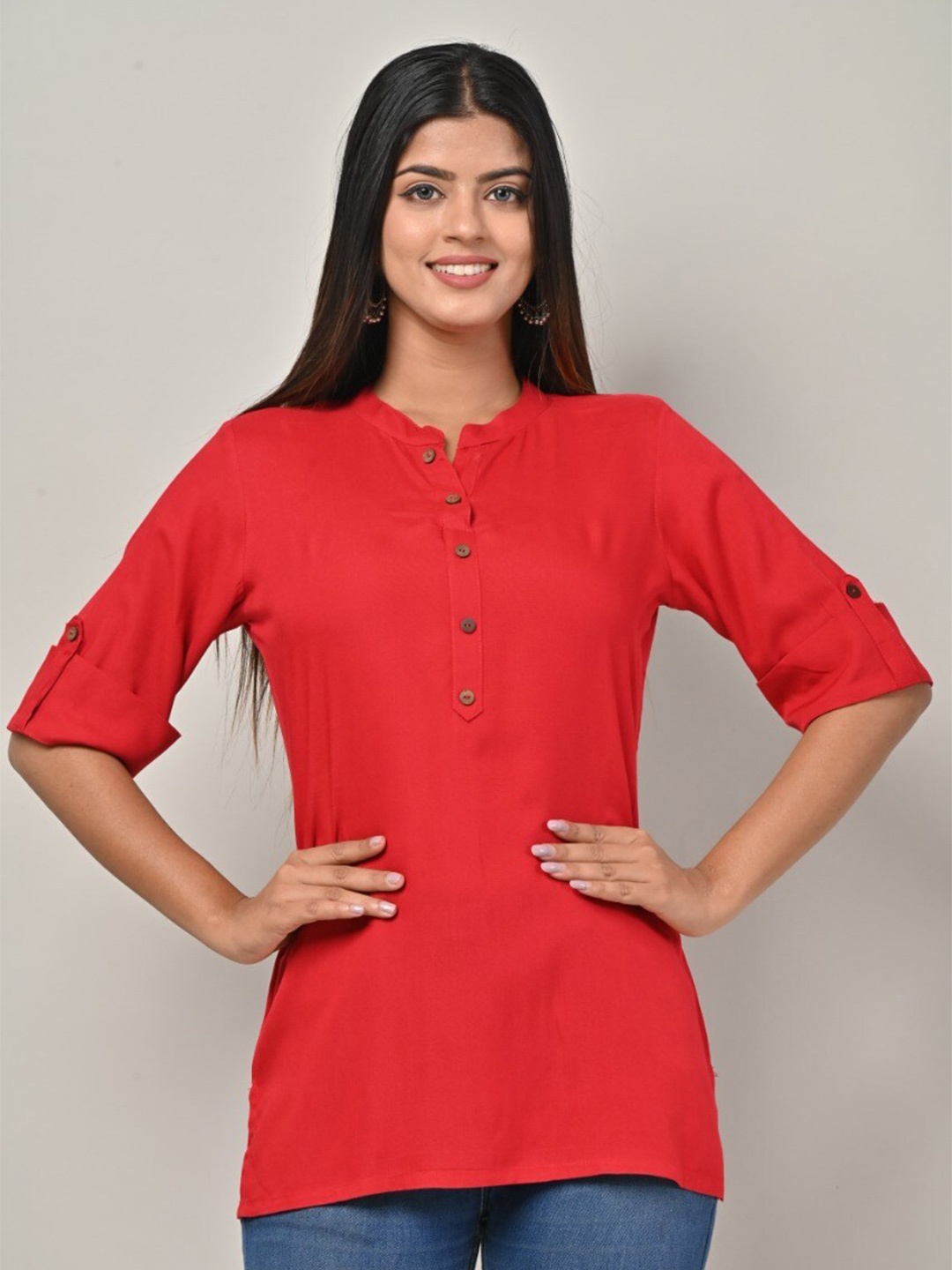 

Swasti Mandarin Collar Roll-Up Sleeves Kurti, Red