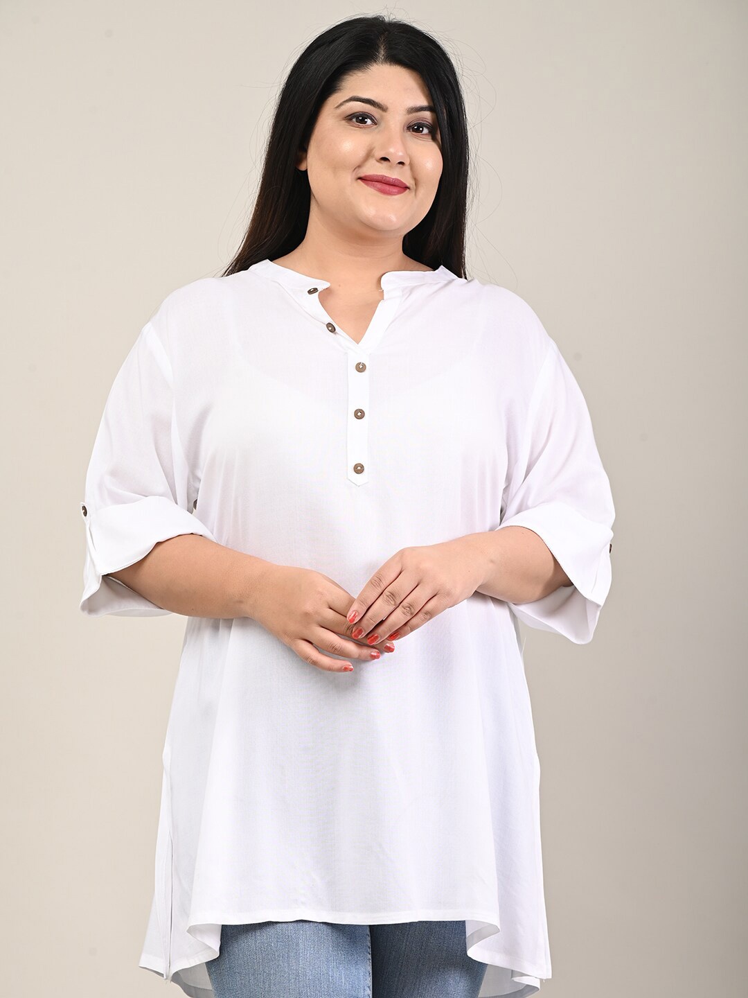 

Swasti Mandarin Collar Plus Size Kurti, White