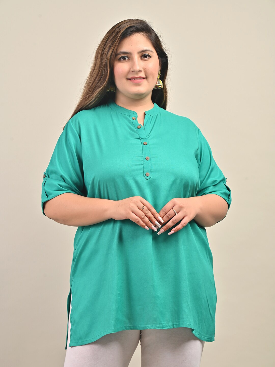 

Swasti Mandarin Collar Plus Size Short Kurti, Green