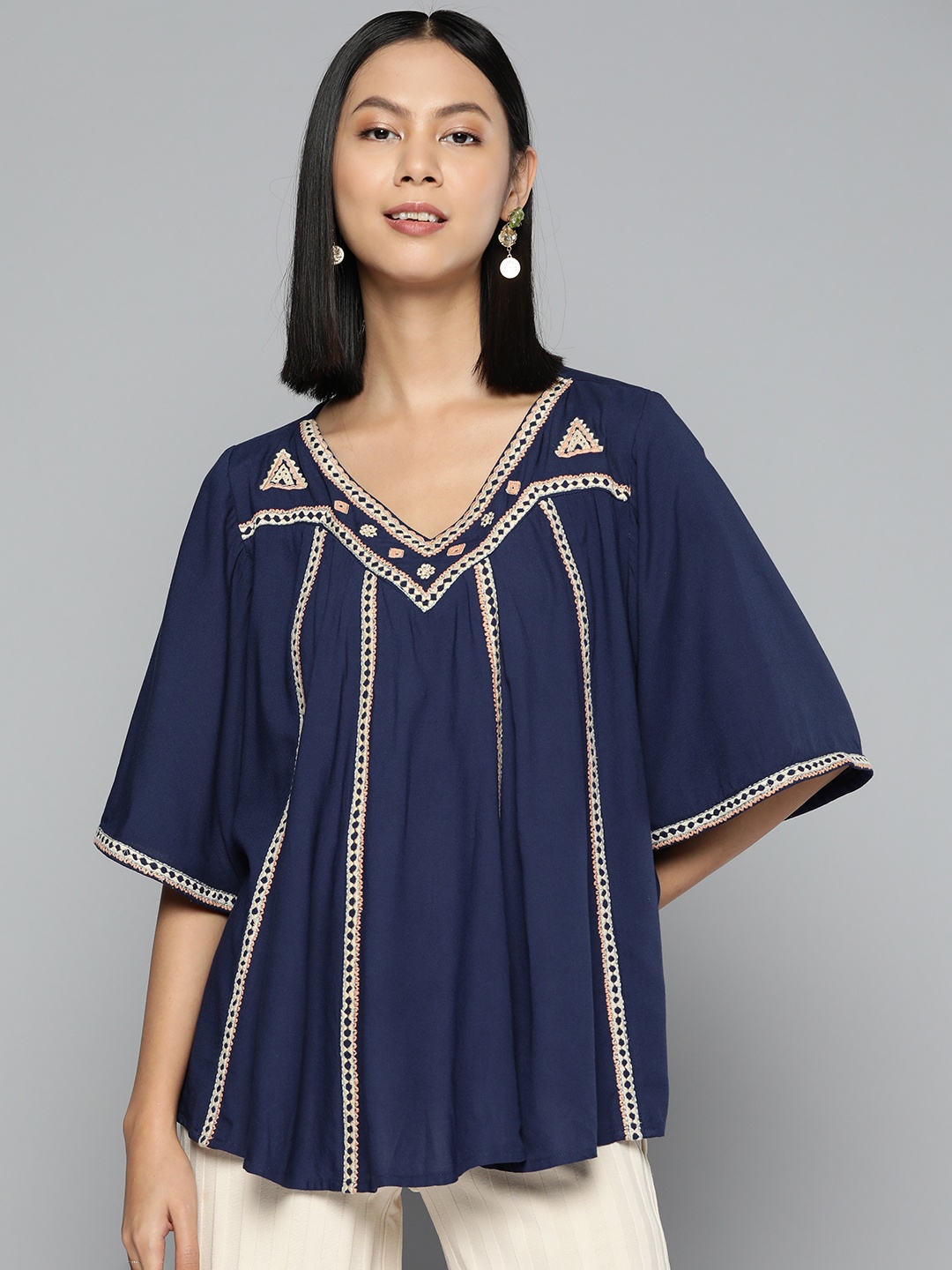 

SCOUP Floral Embroidered Top, Navy blue