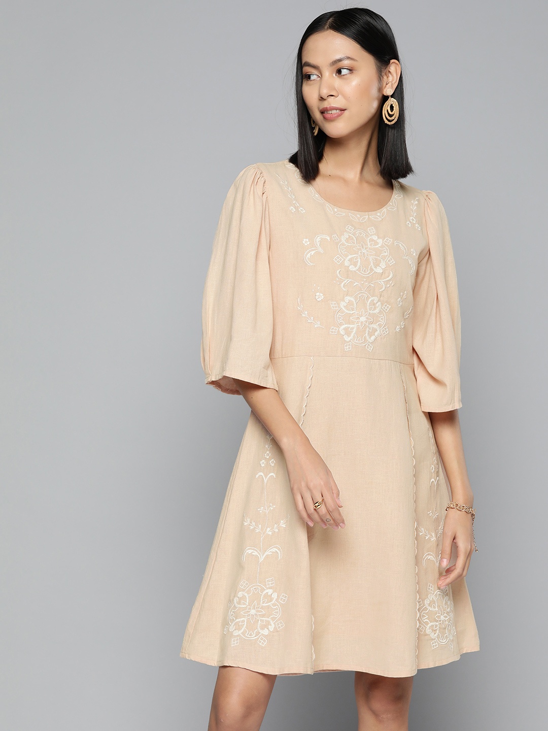 

SCOUP Floral Embroidered A-Line Dress, Beige