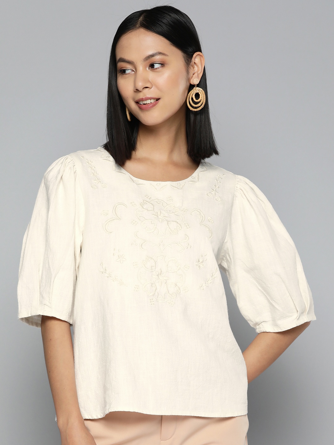 

SCOUP Floral Embroidered Cotton Top, Off white