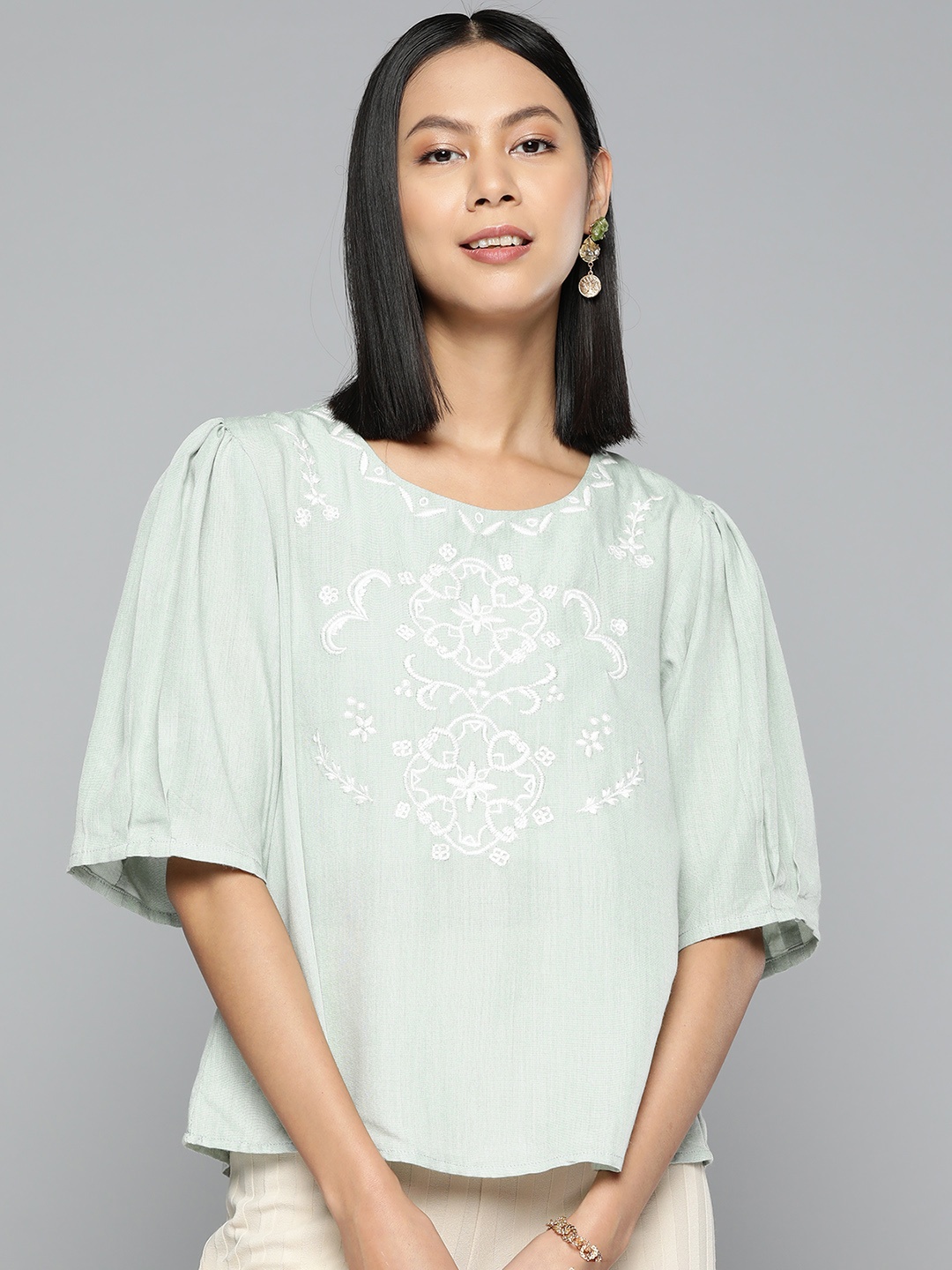 

SCOUP Floral Embroidered Chambray Cotton Top, Green