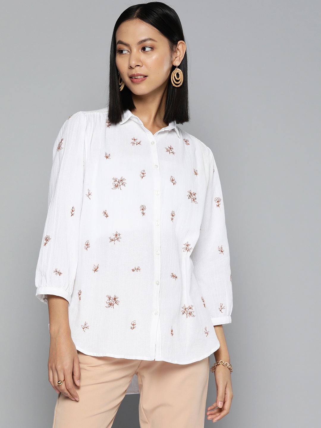 

SCOUP Women Smart Floral Cotton Casual Shirt, White