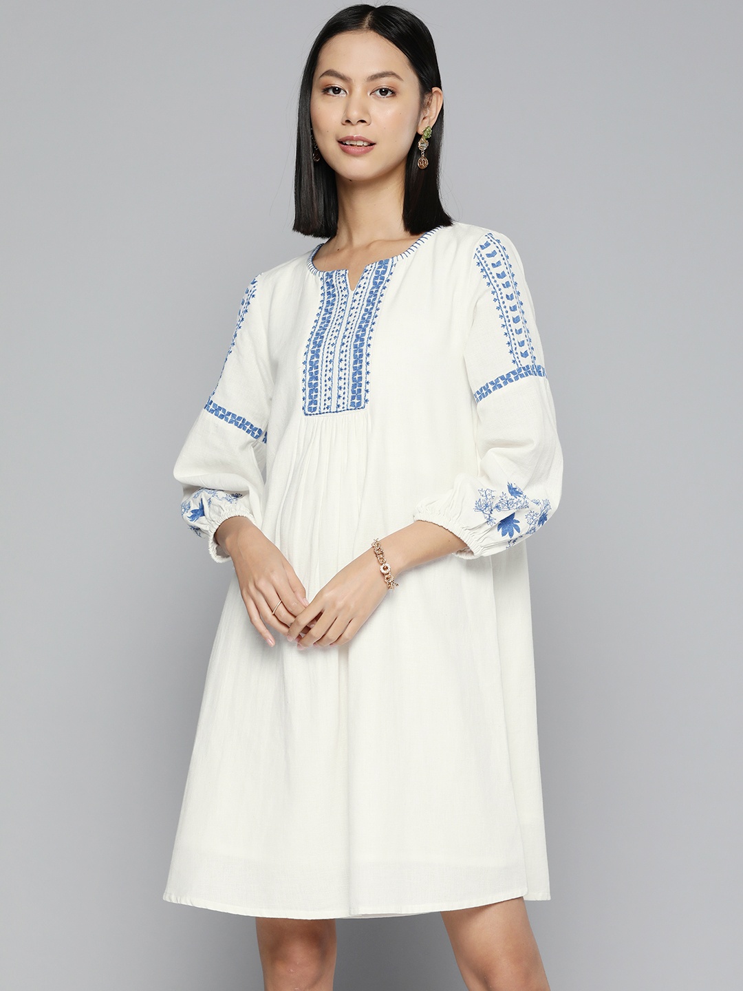 

SCOUP Floral Embroidered A-Line Dress, Off white