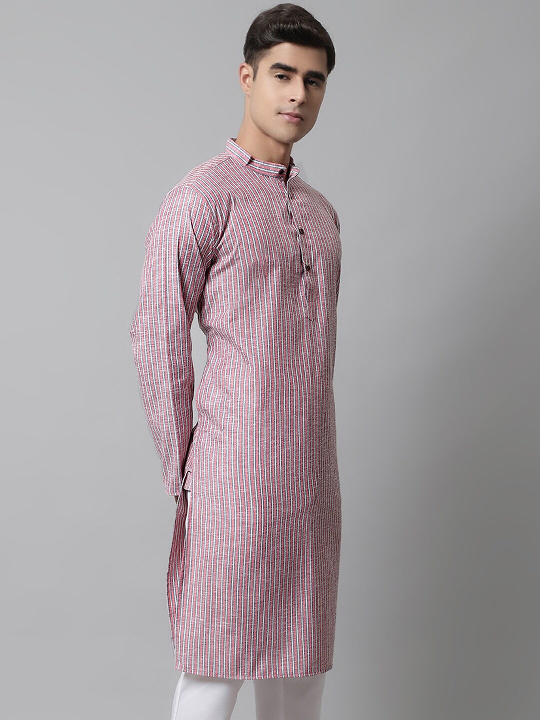 

Jompers Men Mandarin collar Striped Cotton Kurta, Coral