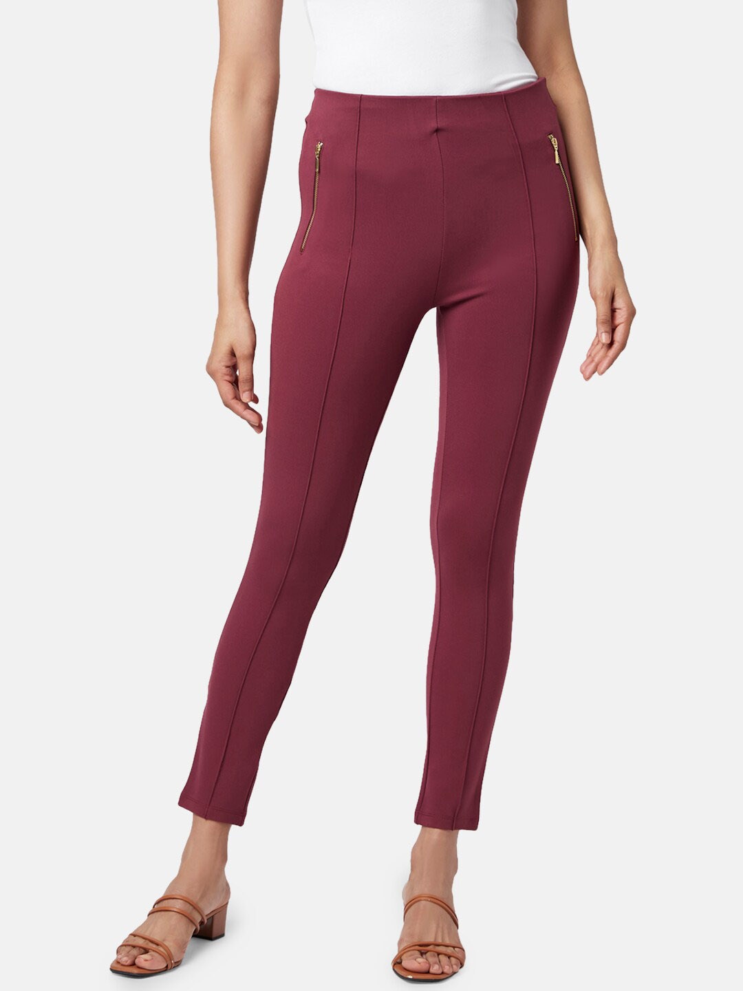 

Annabelle by Pantaloons Women Skinny Fit Treggings with Zip, Maroon