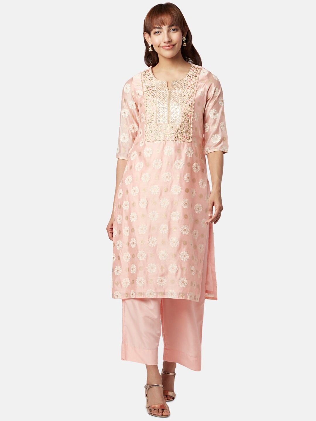 

RANGMANCH BY PANTALOONS Floral Embroidered Notch Collar Kurta with Palazzos & Dupatta, Peach