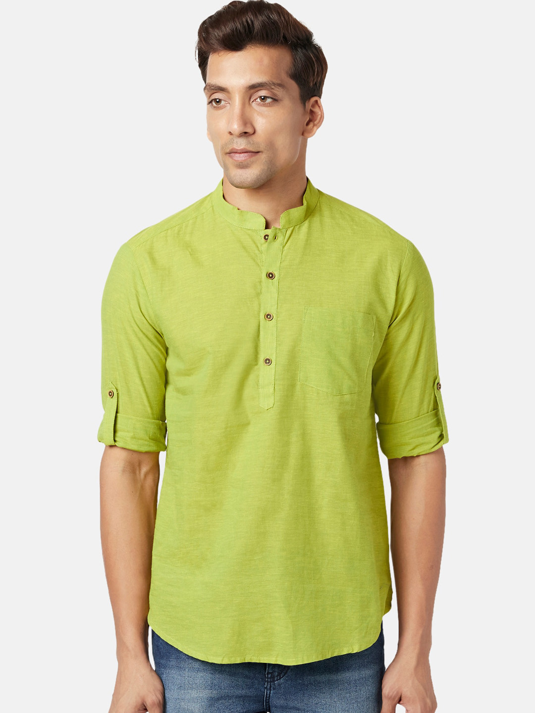 

indus route by Pantaloons Men Mandarin collar Cotton Kurta, Green