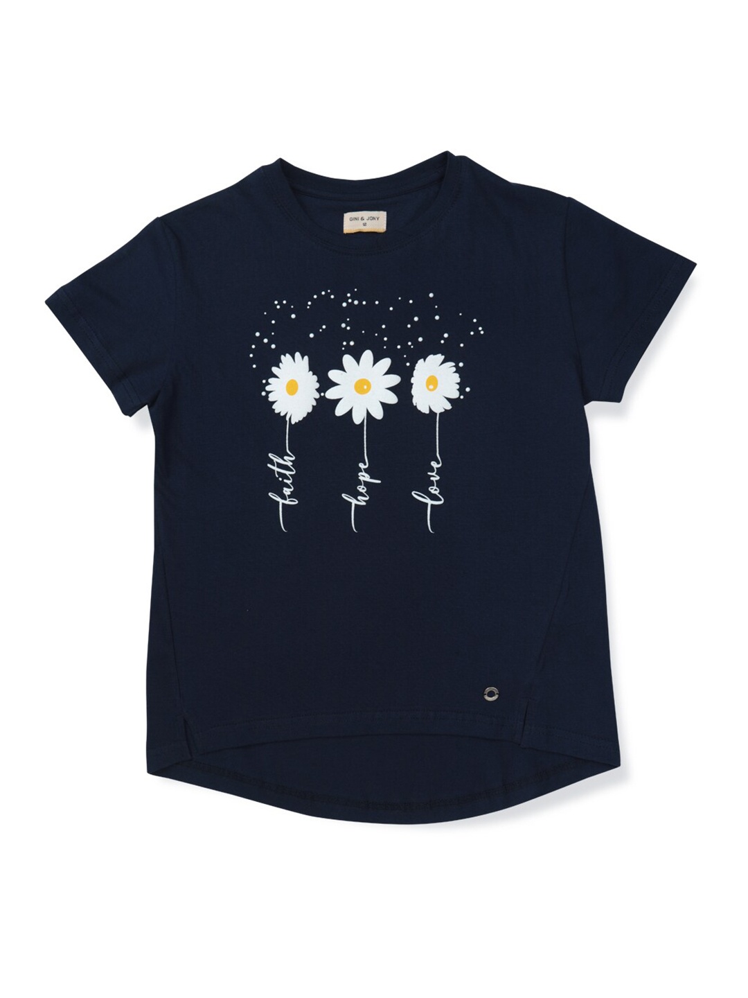 

Gini and Jony Girls Navy Blue & White Floral Printed T-shirt