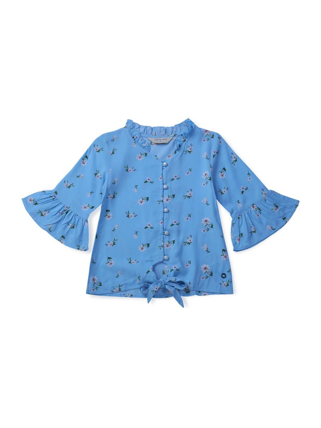 

Gini and Jony Girls Conversational Printed Bell Sleeve Cotton Top, Blue