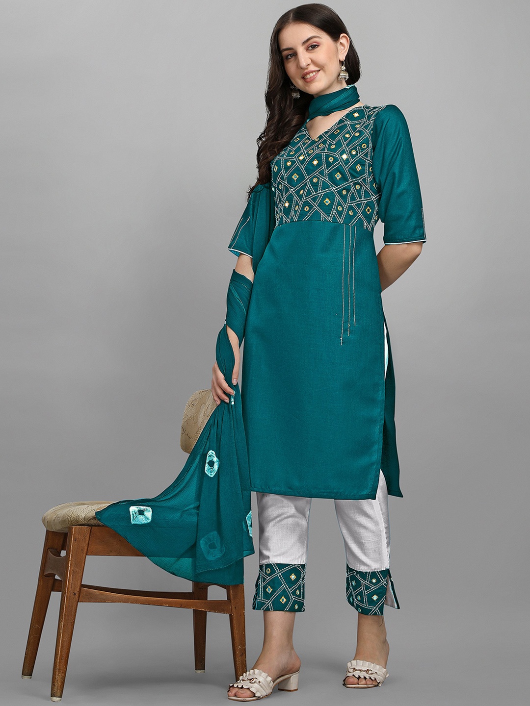 

KALINI Women Embroidered Mirror Work Kurta with Trousers & With Dupatta, Teal