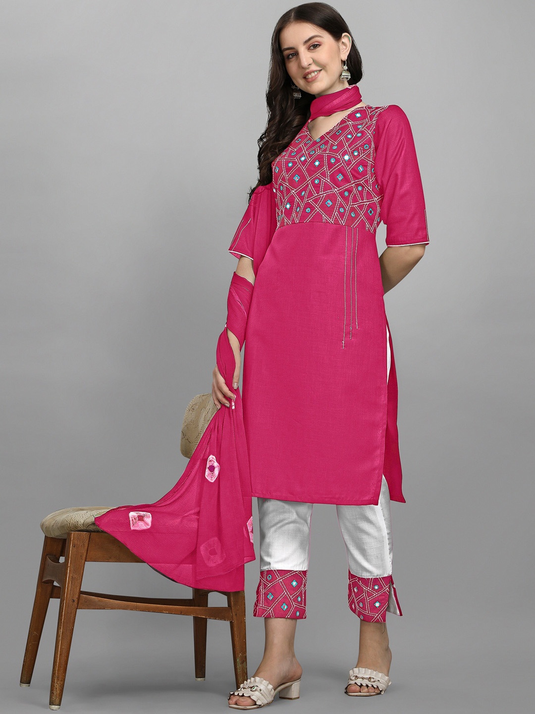 

KALINI Women Pink Ethnic Motifs Embroidered Mirror Work Kurta with Trousers & With Dupatta