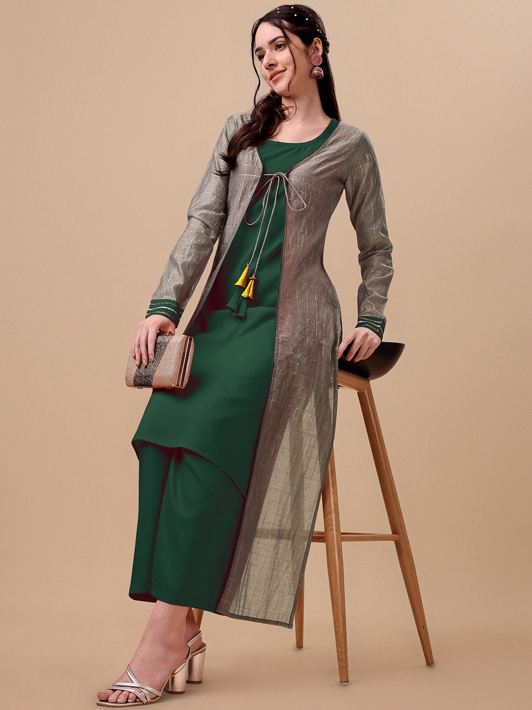 

KALINI Women Ethnic Motifs Kurta & Palazzos With Chanderi Jacket, Green
