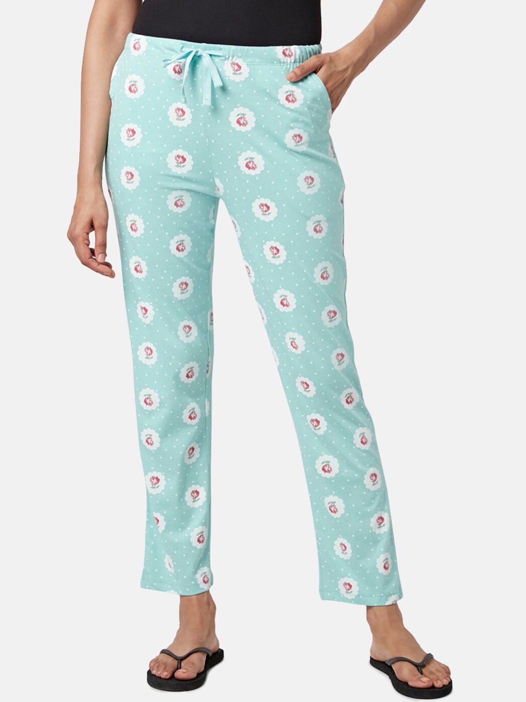 

Dreamz by Pantaloons Women Floral Printed Cotton Lounge Pant, Turquoise blue