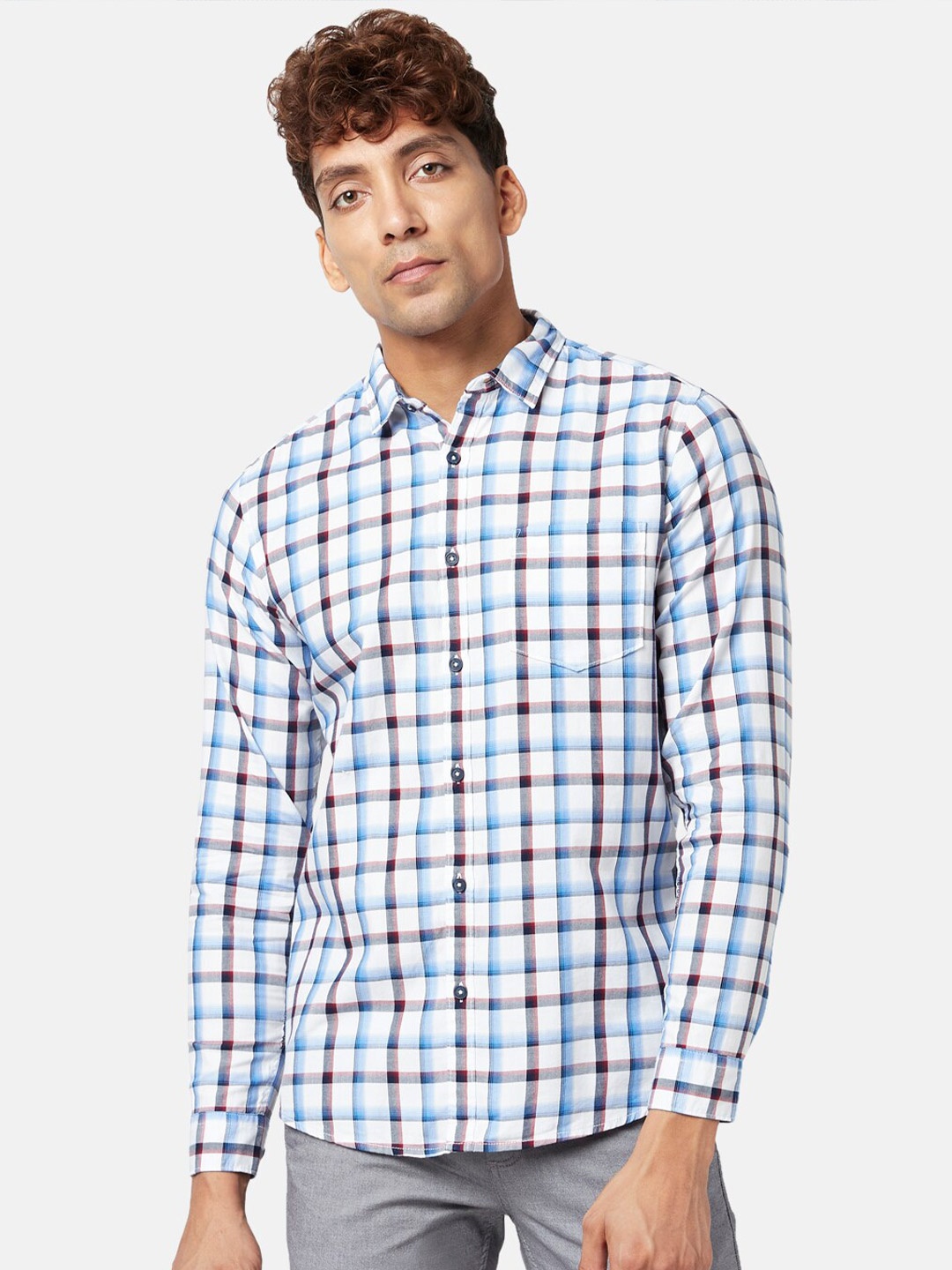 

BYFORD by Pantaloons Men Cotton Slim Fit Checked Casual Shirt, Blue