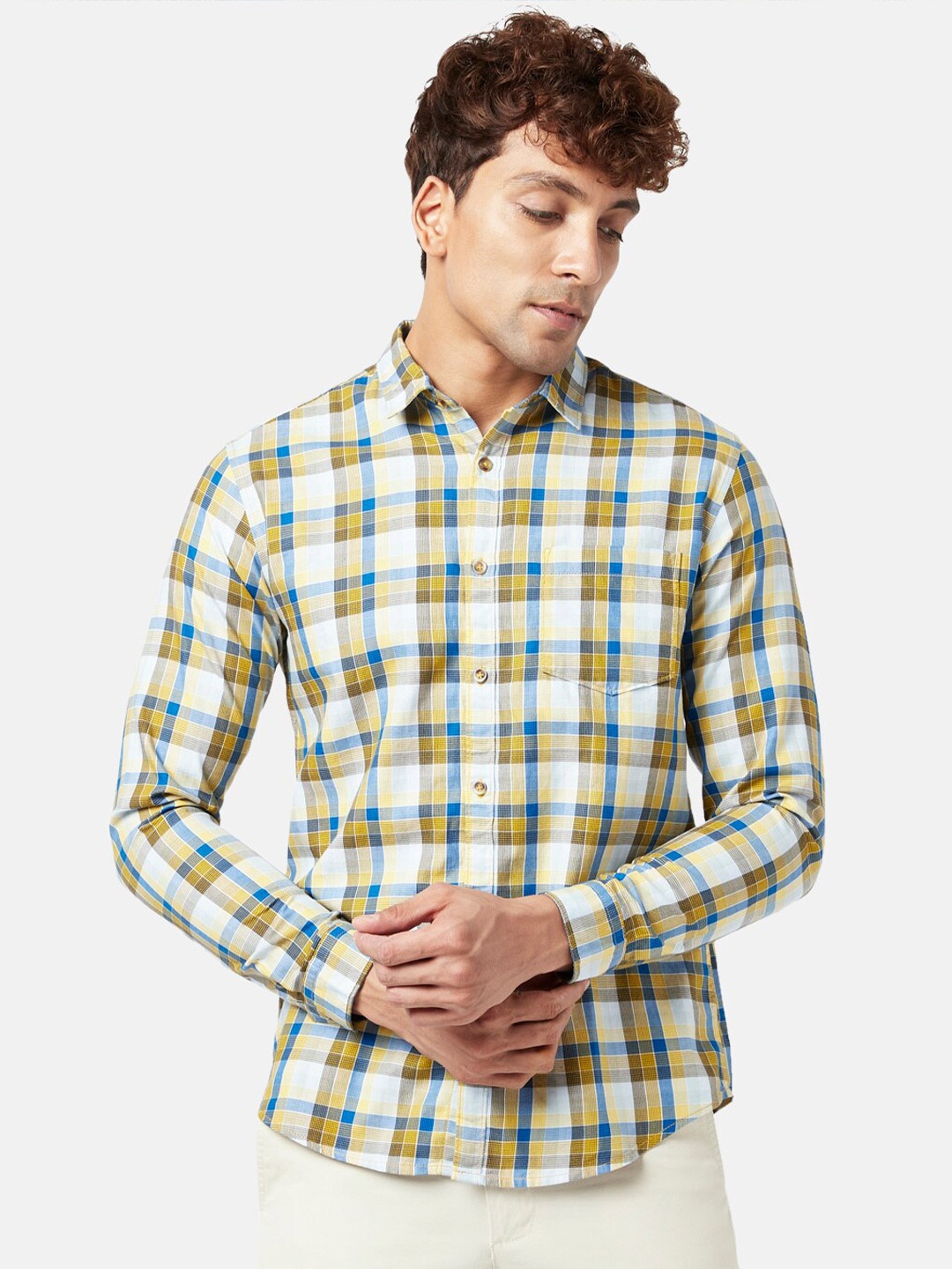 

BYFORD by Pantaloons Men Cotton Slim Fit Tartan Checks Checked Casual Shirt, Yellow