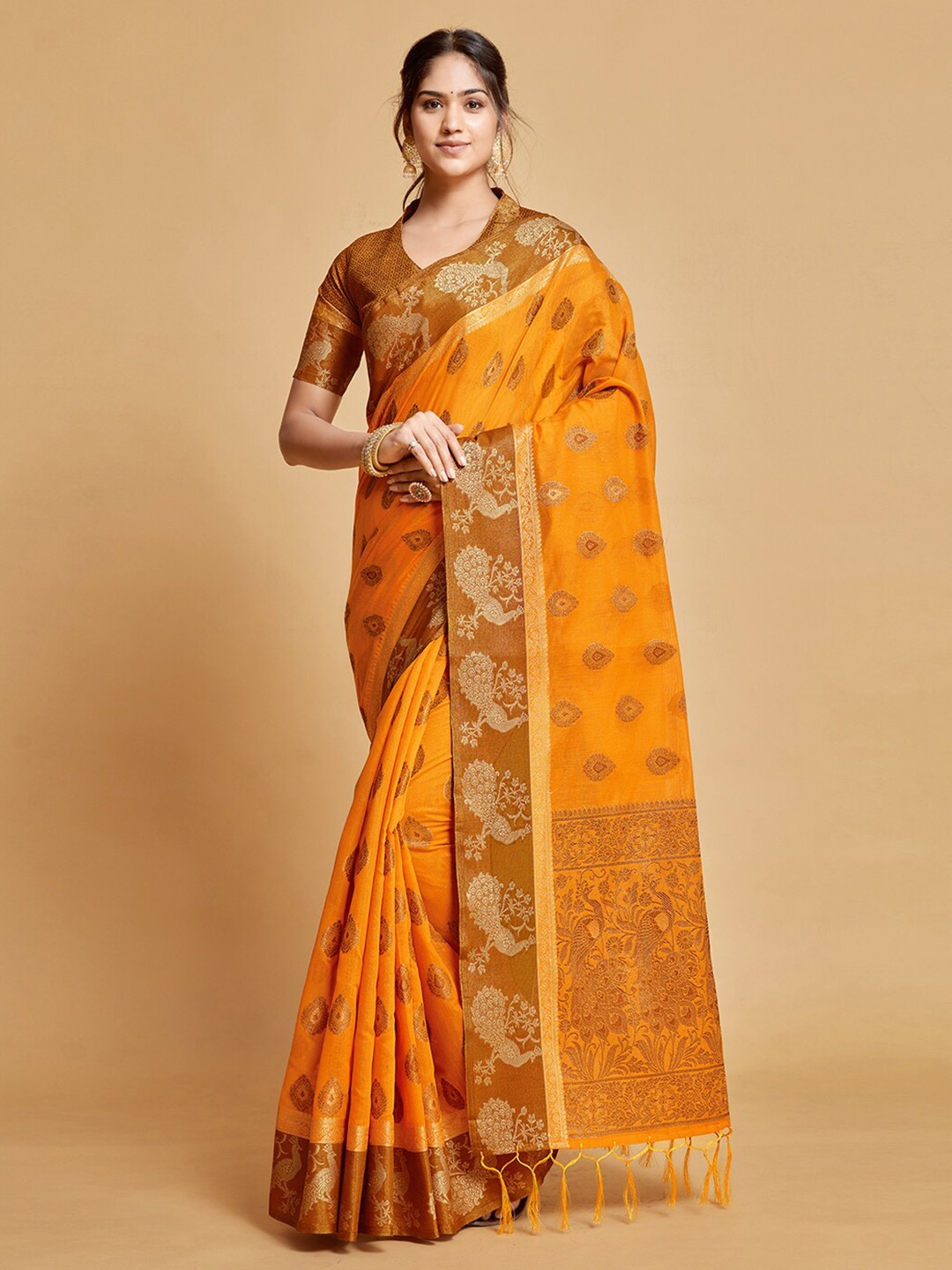 

GAJARAI Woven Design Zari Art Silk Chanderi Saree, Mustard