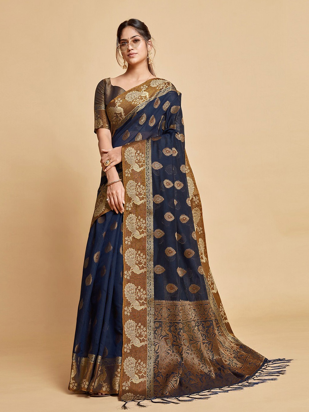 

GAJARAI Woven Design Zari Art Silk Chanderi Saree, Navy blue
