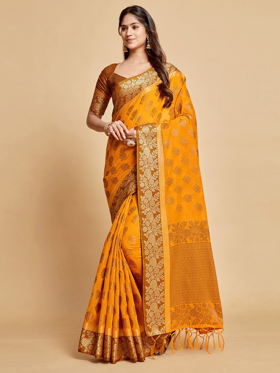 

GAJARAI Woven Design Zari Art Silk Chanderi Saree, Mustard