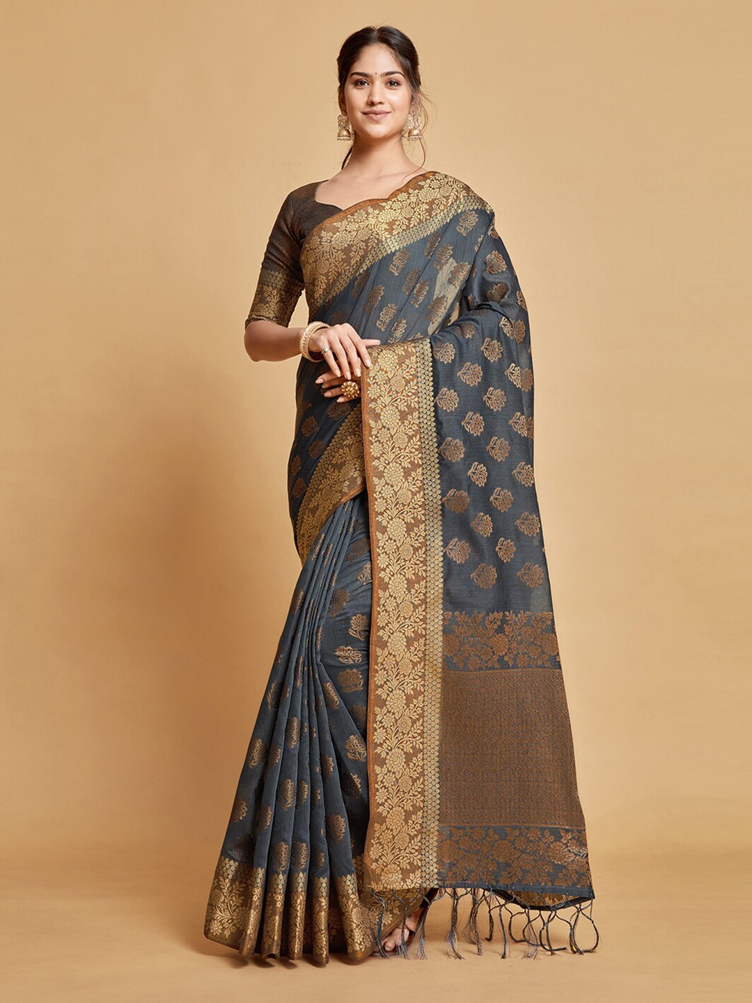 

GAJARAI Ethnic Motifs Zari Art Silk Chanderi Saree, Grey