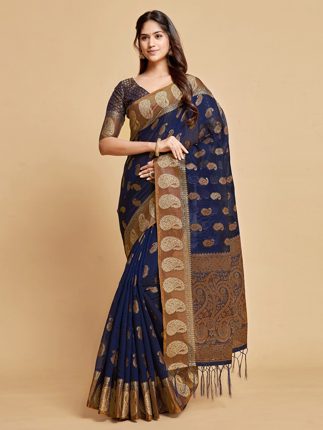 

GAJARAI Navy Ethnic Motifs Zari Art Silk Chanderi Saree, Navy blue