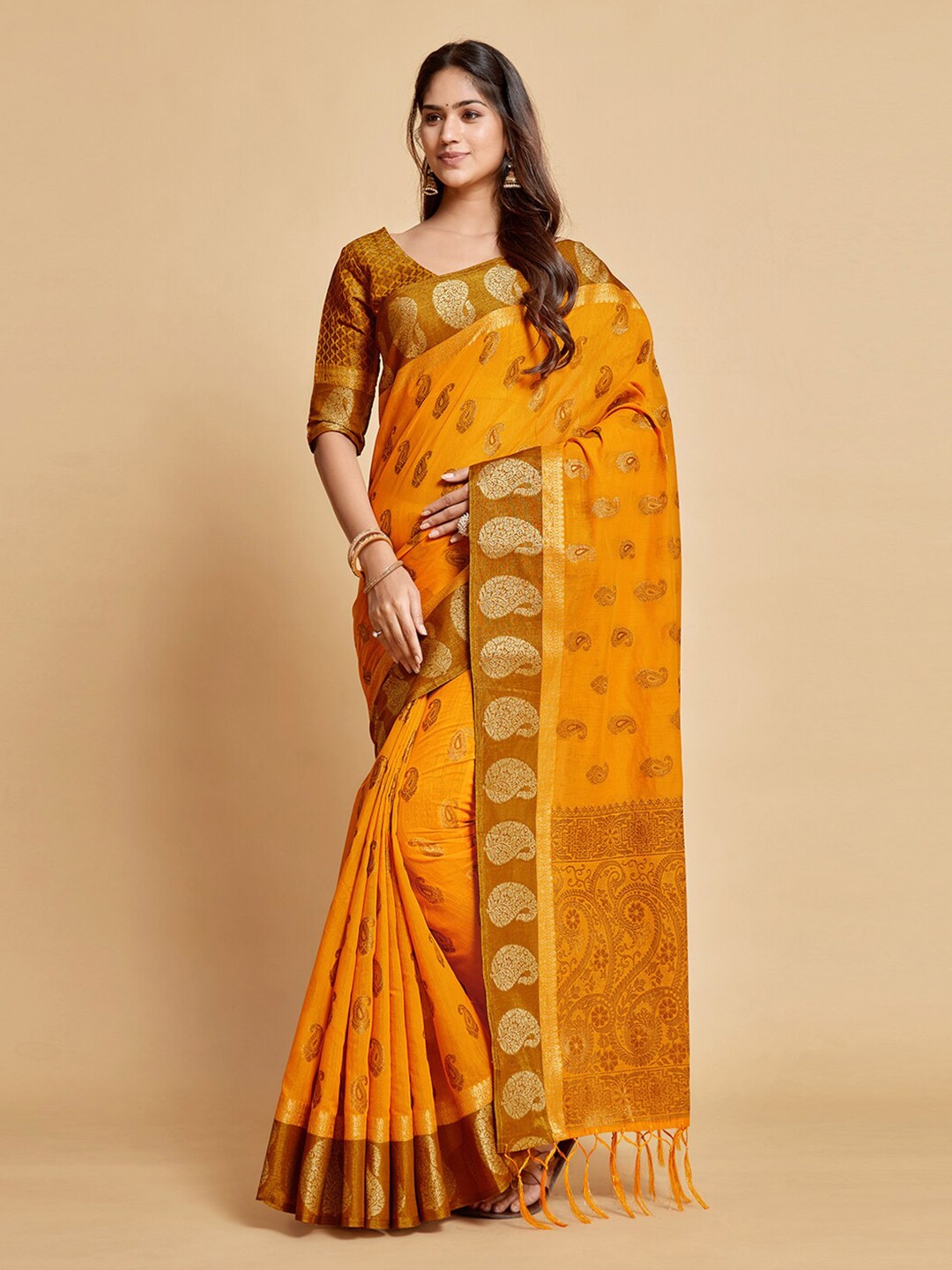 

GAJARAI Ethnic Motifs Zari Art Silk Chanderi Saree, Mustard