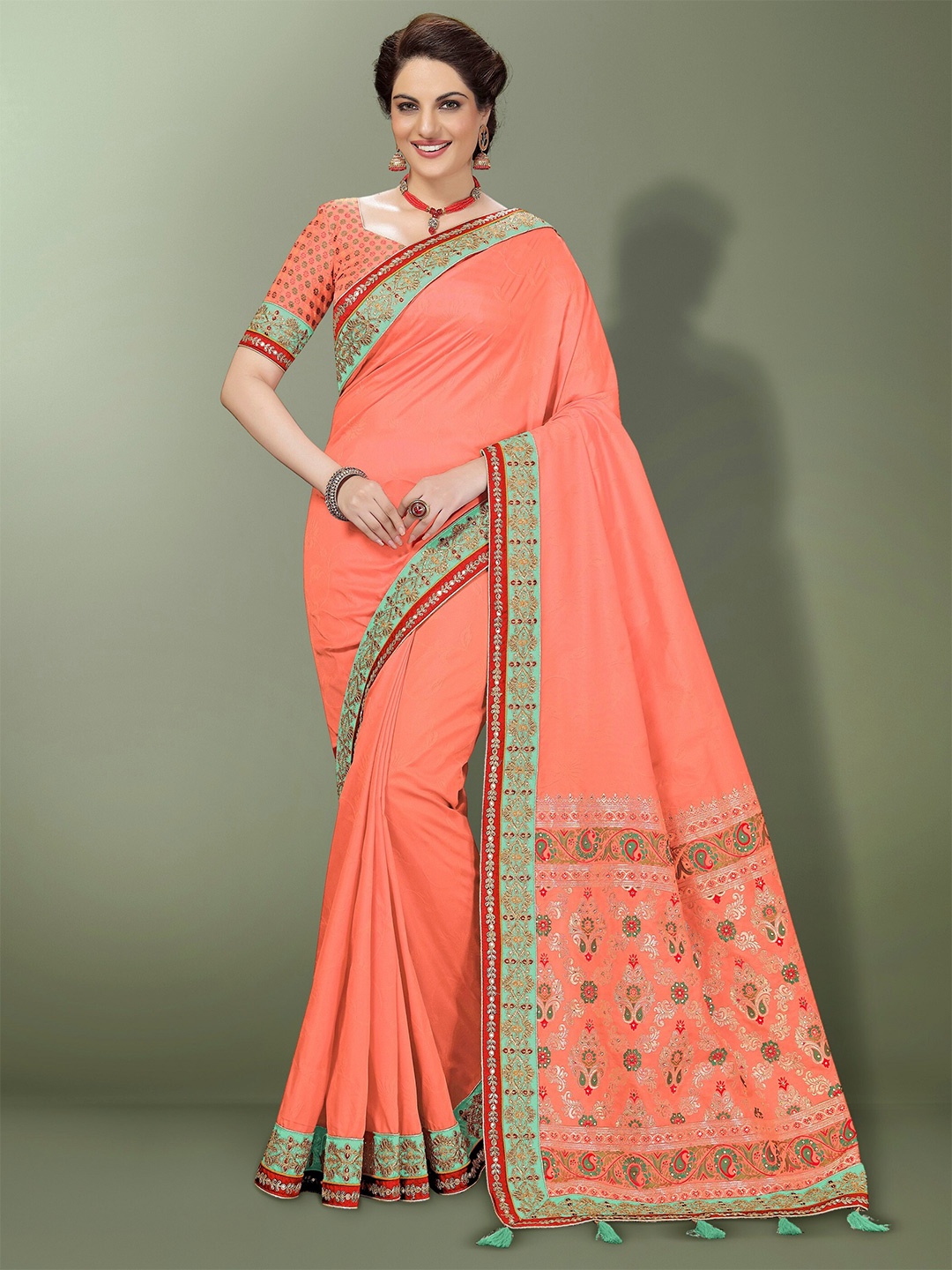 

Trendmalls Embroidered Silk Blend Saree, Orange