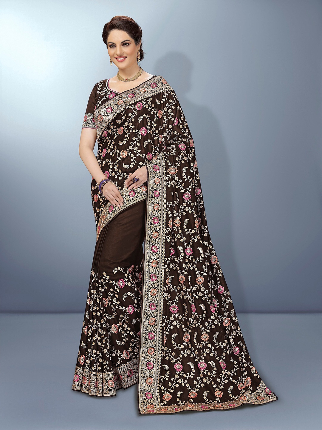 

Trendmalls Floral Embroidered Pure Silk Saree, Brown
