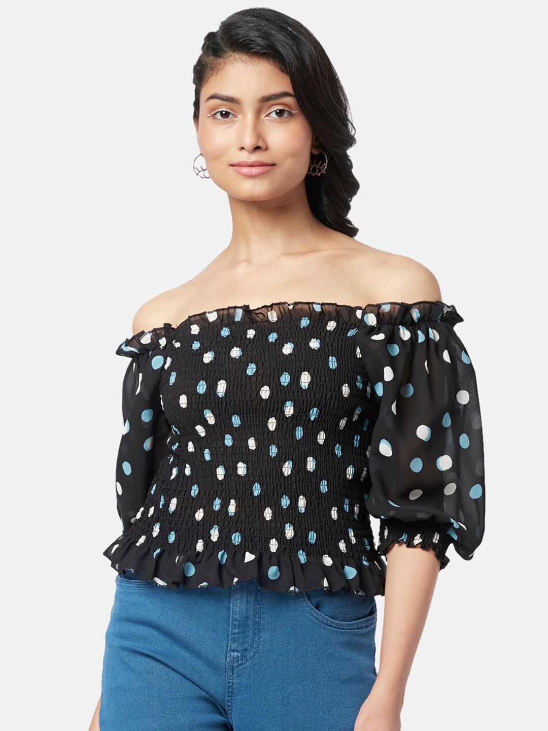 

People Print Off-Shoulder Bardot Top, Black