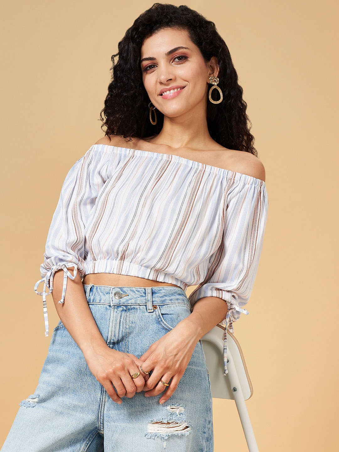 

YU by Pantaloons Women Striped Off-Shoulder Bardot Crop Top, White