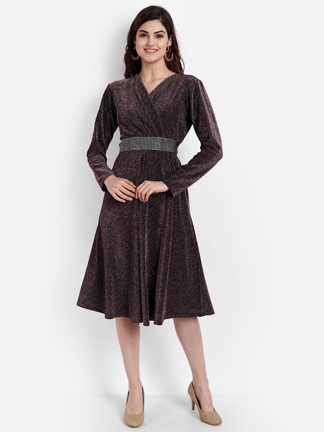 

BROADSTAR V-Neck Shimmer Fit and Flare Party Dress, Pink