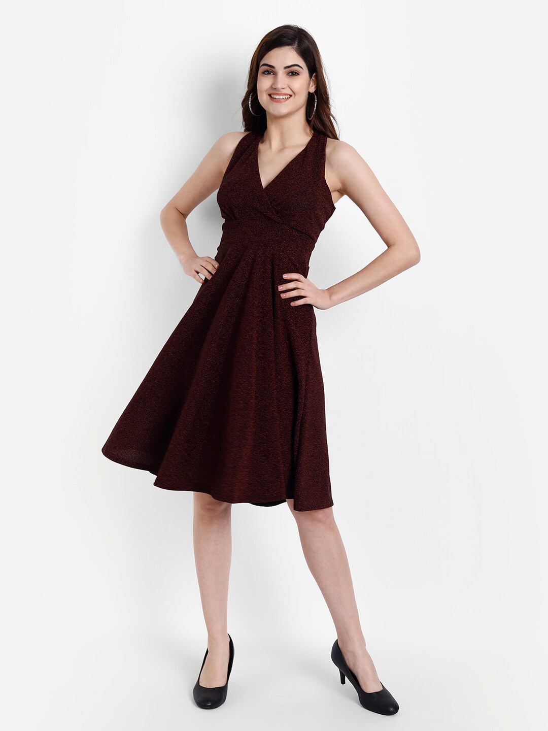 

BROADSTAR V-Neck Self Design Fit and Flare Dress, Maroon