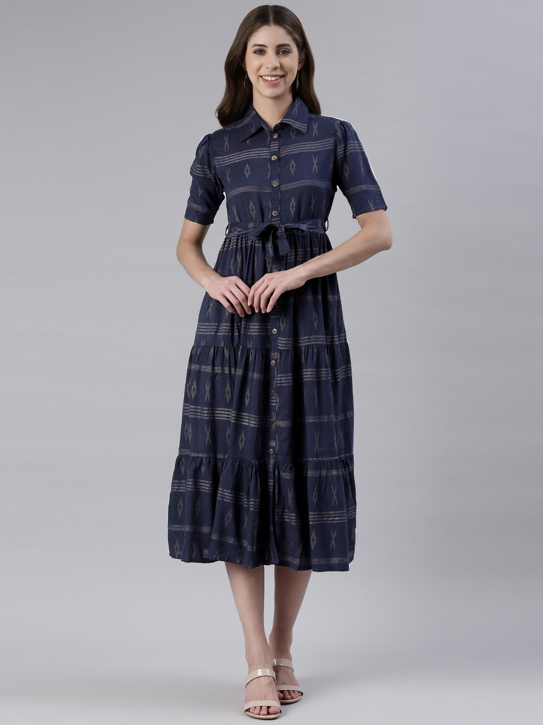 

MALHAAR Geometric Printed Tie-Ups A-Line Midi Dress, Navy blue