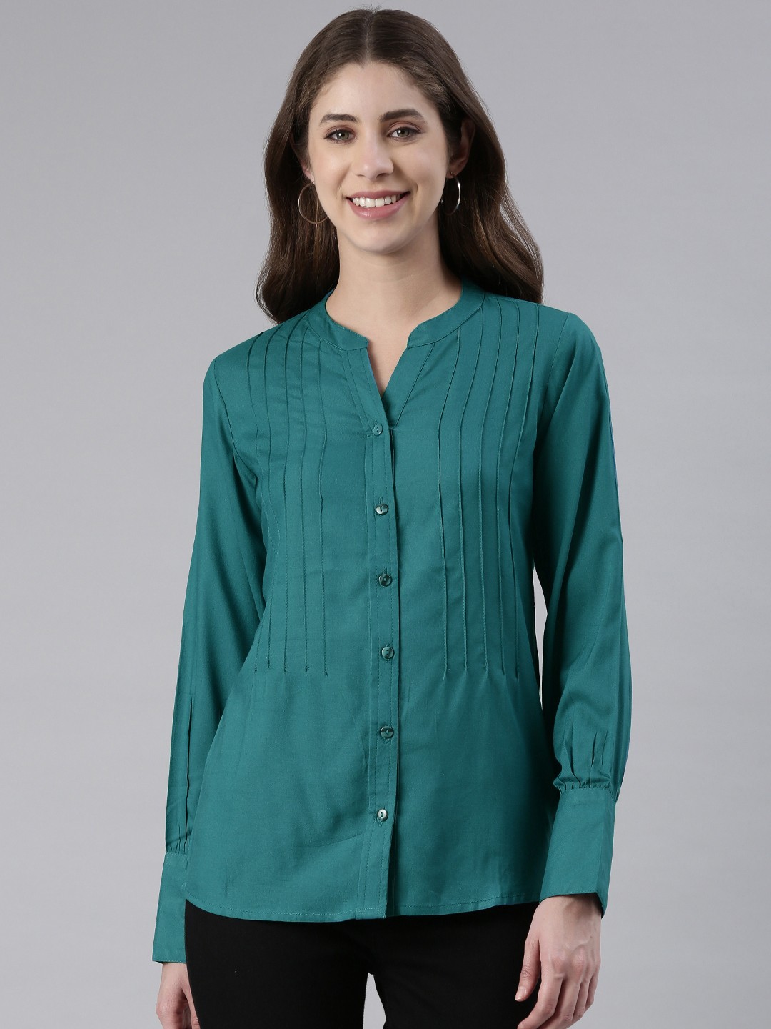 

MALHAAR Mandarin Collar Shirt Style Top, Blue