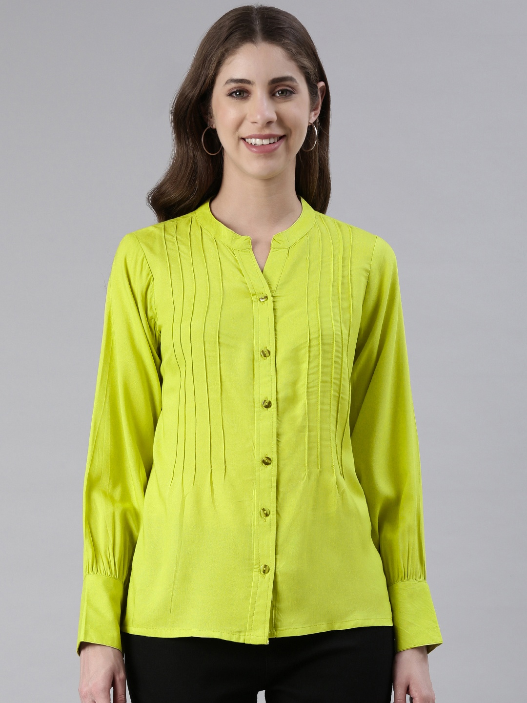 

MALHAAR Mandarin Collar Shirt Style Top, Green