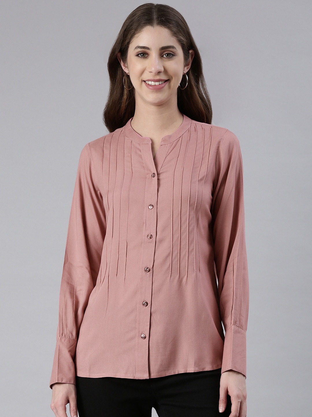

MALHAAR Mandarin Collar Shirt Style Top, Pink