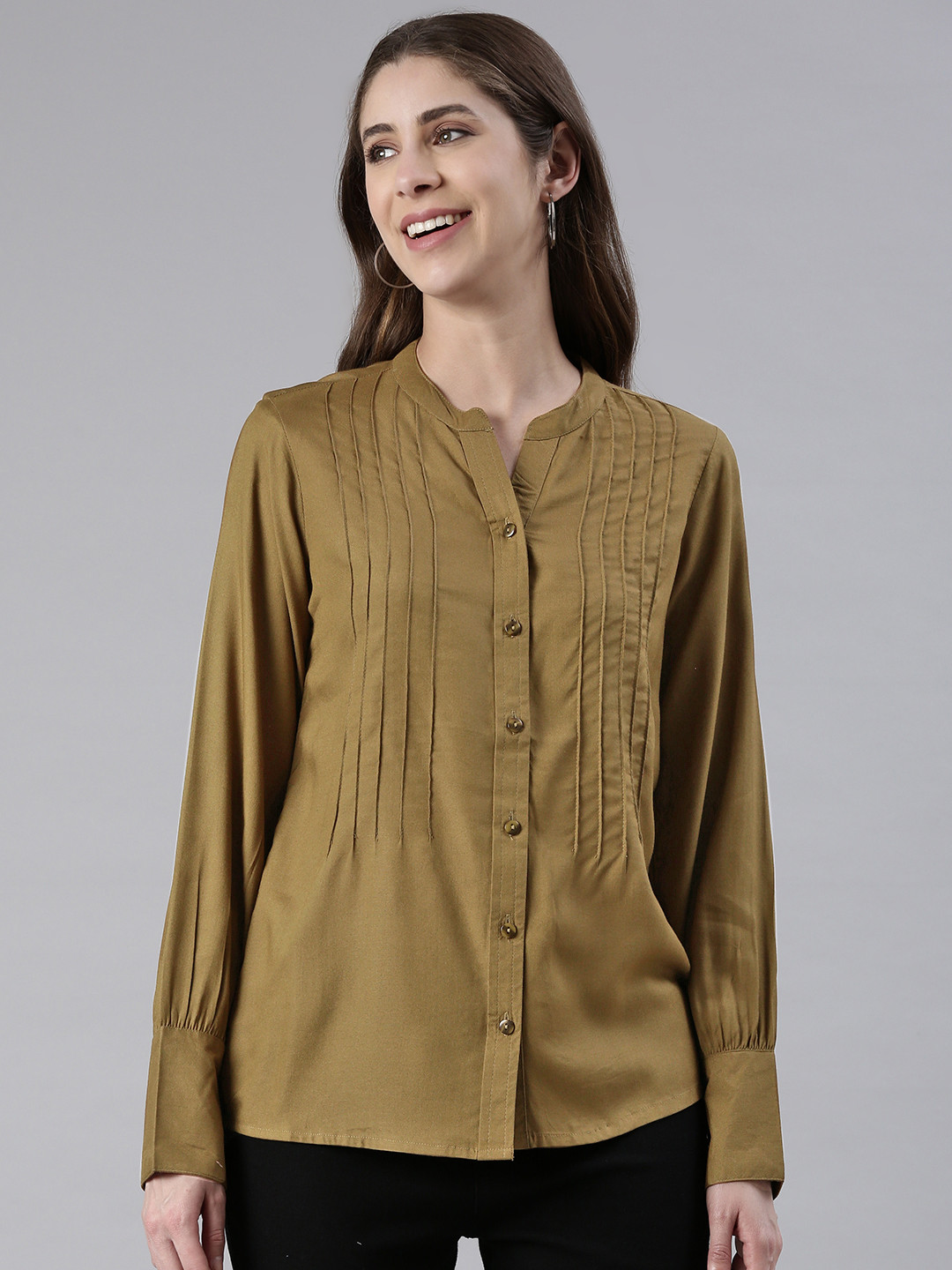 

MALHAAR Mandarin Collar Shirt Style Top, Brown