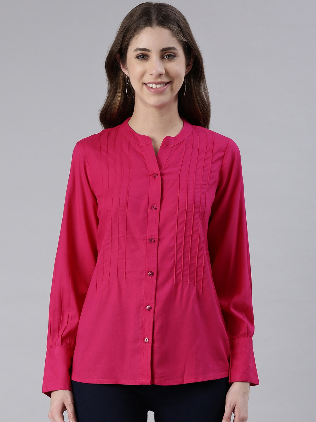 

MALHAAR Mandarin Collar Shirt Style Top, Pink