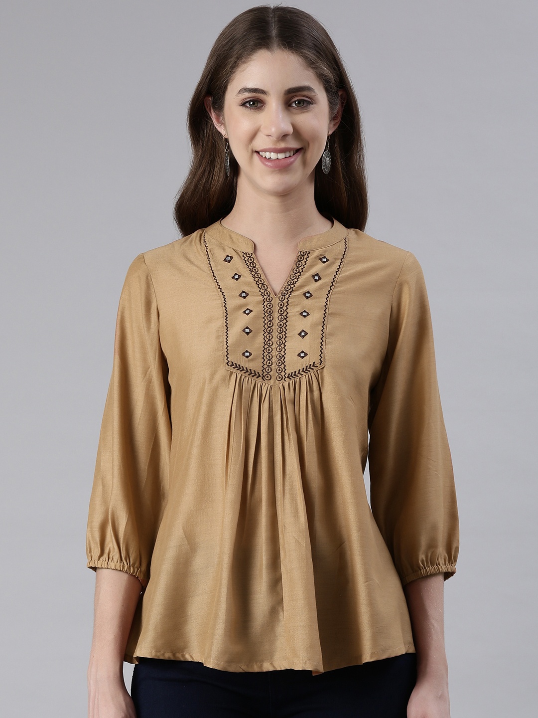 MALHAAR Geometric Embroidered Mirror Work Pleated Kurti, Brown